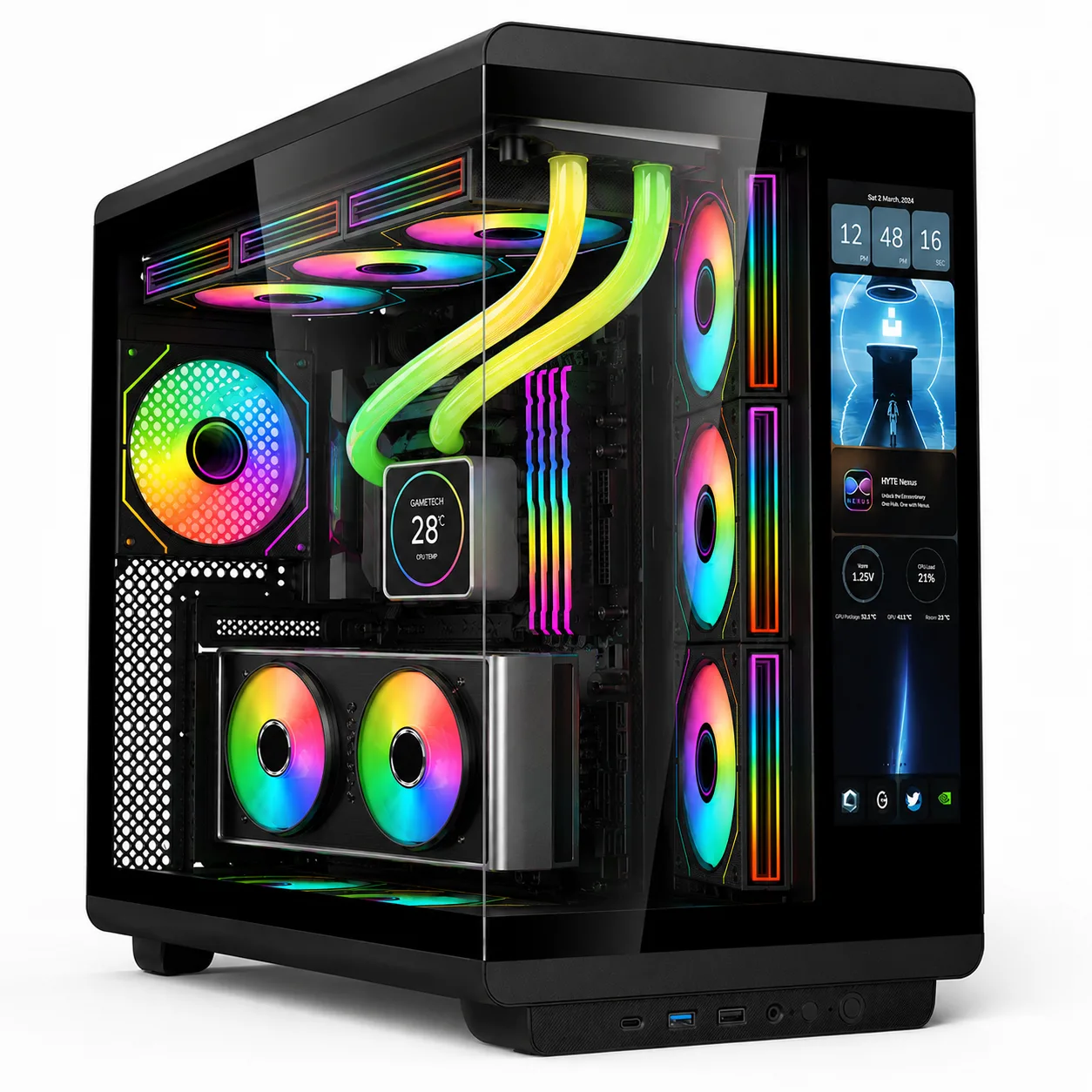 GAMETECH Vision 12 İnç LCD Ekranlı, Kumandalı 7x120mm ARGB Fanlı Siyah Gaming Akvaryum Kasa