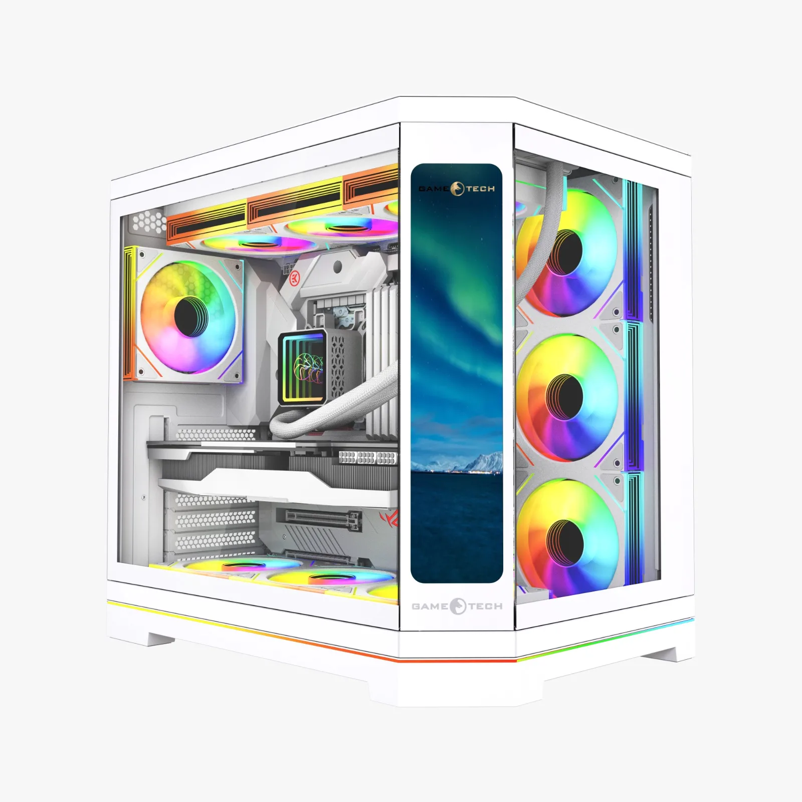 GAMETECH Vision V2 12 İnç LCD Ekranlı, Type-C  Kumandalı 7x120mm ARGB Fanlı Beyaz Gaming Akvaryum Kasa